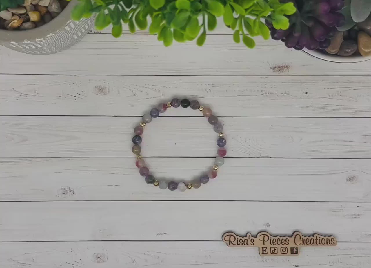 Wisteria Mist Pink Purple Tourmaline and Gold Beaded Stretch Bracelet, Handmade Gemstone Jewelry, Birthday Gift For Mom, Ideas for Her