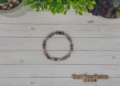 Wisteria Mist Pink Purple Tourmaline and Gold Beaded Stretch Bracelet, Handmade Gemstone Jewelry, Birthday Gift For Mom, Ideas for Her