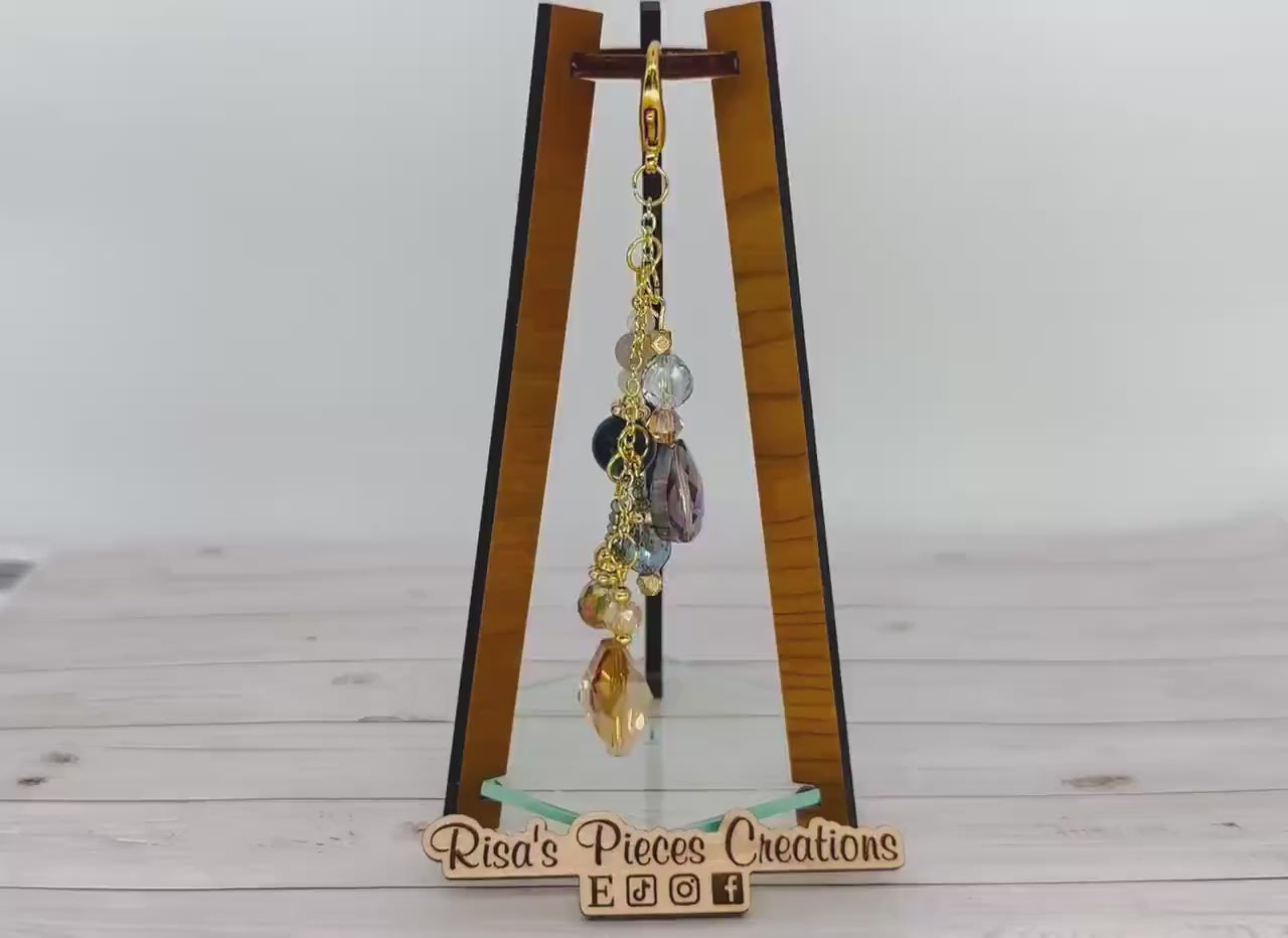 Blue Beaded Bag Charm, Handmade Agate Tigers Eye Keychain, Gold Plated Sparkly Purse Accessory, Phone Charm, Mothers Day Gift for Her