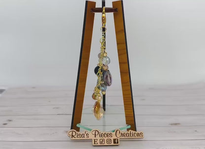 Blue Beaded Bag Charm, Handmade Agate Tigers Eye Keychain, Gold Plated Sparkly Purse Accessory, Phone Charm, Mothers Day Gift for Her