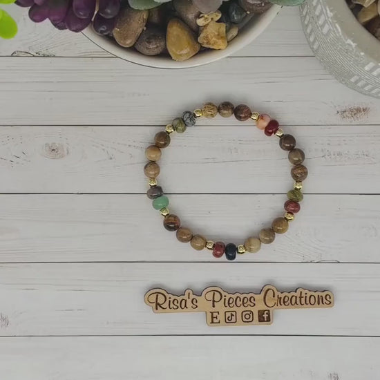 Wildflower Ranch Petrified Wood and Mixed Gemstone Bracelet, Western Cowgirl Stretch Bracelet, Country Beaded Jewelry Boho Accessory for Her