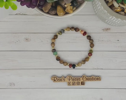 Wildflower Ranch Petrified Wood and Mixed Gemstone Bracelet, Western Cowgirl Stretch Bracelet, Country Beaded Jewelry Boho Accessory for Her