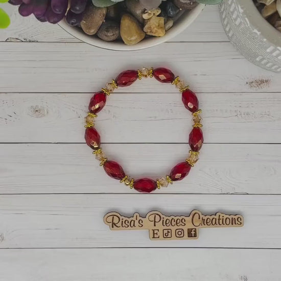 Red Carpet Ruby Red Czech Glass Bracelet, Gold Luster Faceted Bead Stretch Bracelet, Holiday Red and Gold Jewelry, Christmas Gift for Wife