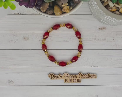 Red Carpet Ruby Red Czech Glass Bracelet, Gold Luster Faceted Bead Stretch Bracelet, Holiday Red and Gold Jewelry, Christmas Gift for Wife