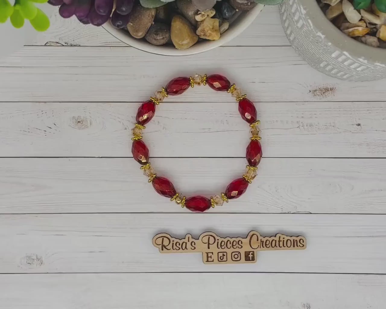 Red Carpet Ruby Red Czech Glass Bracelet, Gold Luster Faceted Bead Stretch Bracelet, Holiday Red and Gold Jewelry, Christmas Gift for Wife