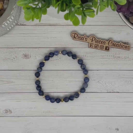 Still Waters Bracelet, Blue Sodalite & Gold Beaded Stretch Bracelet, Handmade Minimalist Gemstone Jewelry, Birthday Gift for Her, For Mom