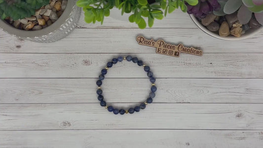 Still Waters Bracelet, Blue Sodalite & Gold Beaded Stretch Bracelet, Handmade Minimalist Gemstone Jewelry, Birthday Gift for Her, For Mom