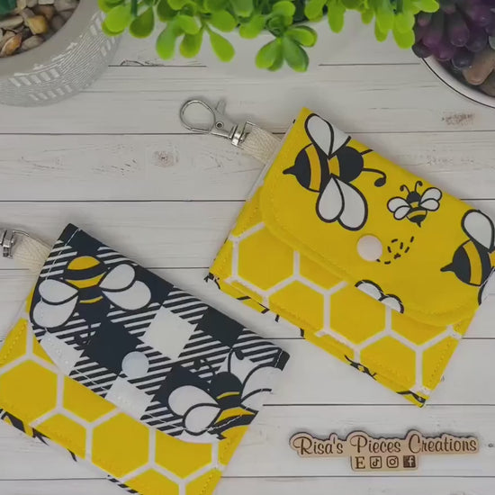Bees and honeycomb mini keychain wallet, Clip on card wallet with pockets, lanyard coin purse for her, gift for daughter, stocking stuffers
