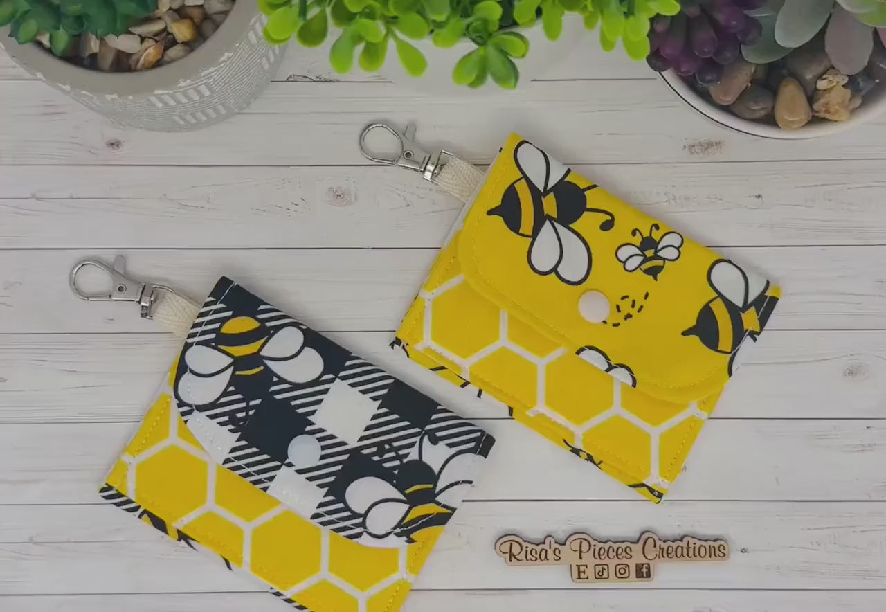 Bees and honeycomb mini keychain wallet, Clip on card wallet with pockets, lanyard coin purse for her, gift for daughter, stocking stuffers